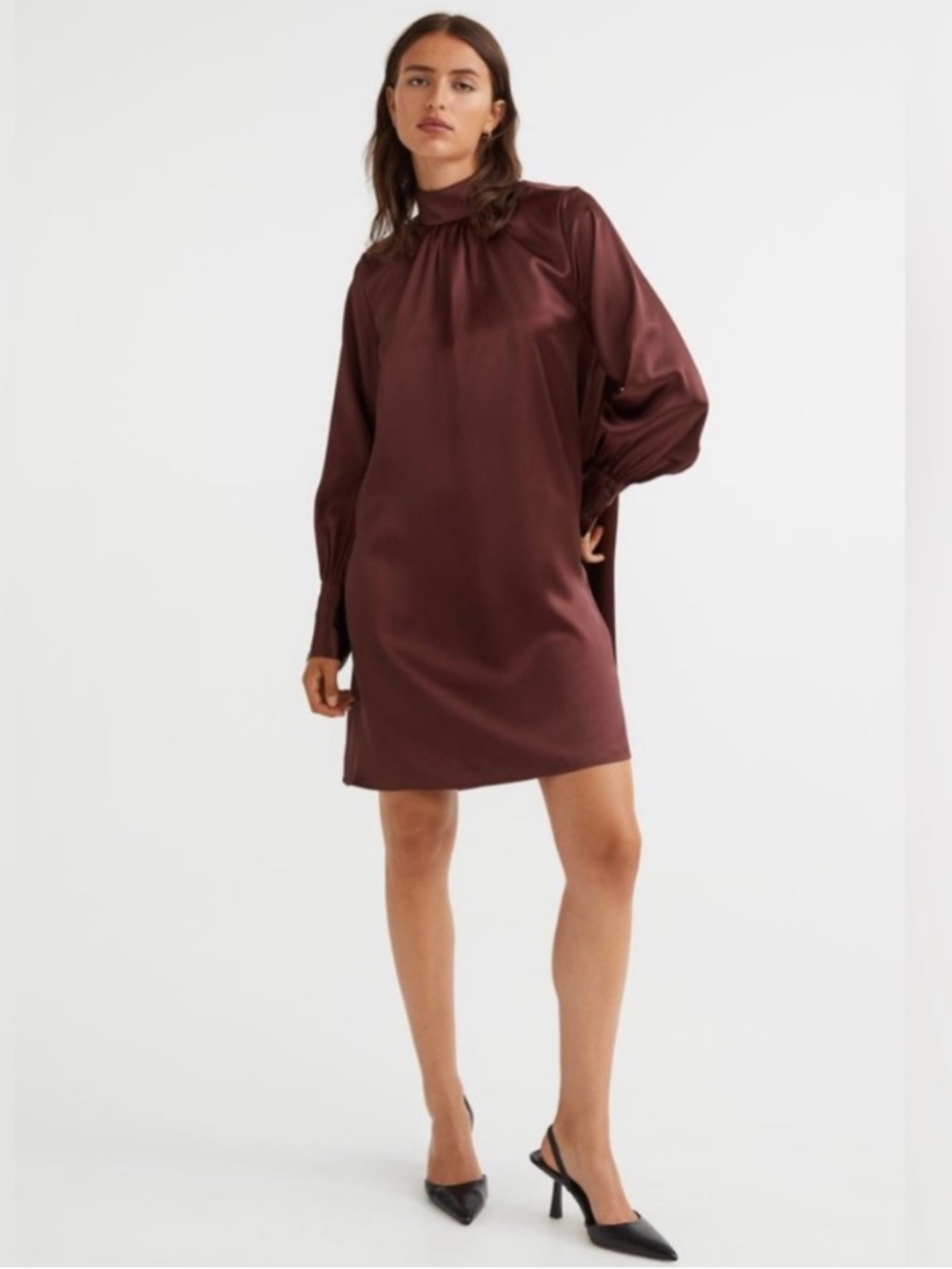 H&M Long Sleeve High Neck Mini Shift Dress Shiny Burgundy Brown Satin size Small